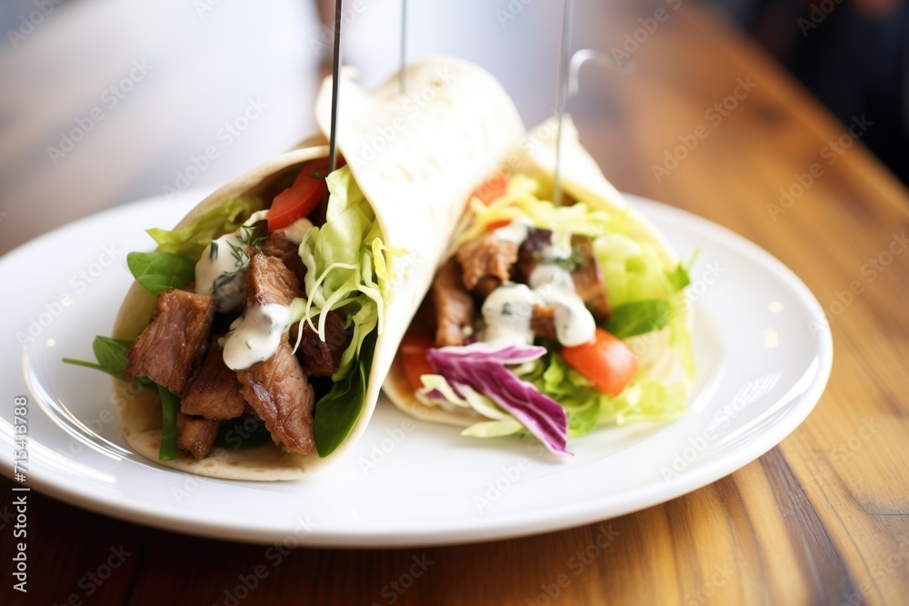gyros wrap with a bite taken out on a plate gyros wrap with a bite taken out on a plate