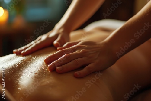 Hands massaging the back close-up. The concept of healing  relaxation  rejuvenation and restoration of the body. 