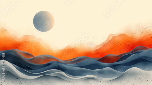 Surreal Desert Dunes under a Solitary Moon: A Serene Harmony of Orange and Blue Hues