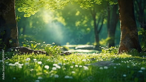 Sunlight Forest with Green Grass, Trees, and Blooming Flowers in a Beautiful Nature Landscape the Summer Season. copy space