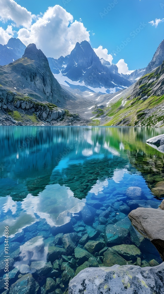 Azure Blue Glacier Lake, A pristine high-altitude lake surrounded by glaciers, reflecting the vibrant blue of the sky, background image, generative AI