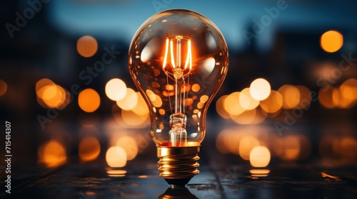  a light bulb sitting on top of a table in front of a blurry background of boke of lights.