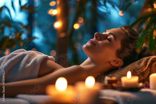 Young woman relaxes in a cozy spa. The concept of healing, relaxation, rejuvenation and restoration of the body. 
