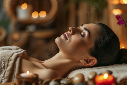 Young woman relaxing at home. The concept of healing, relaxation, rejuvenation and restoration of the body.