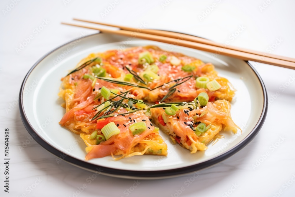 kimchi pancake on a modern white plate with chopsticks kimchi pancake on a modern white plate with chopsticks