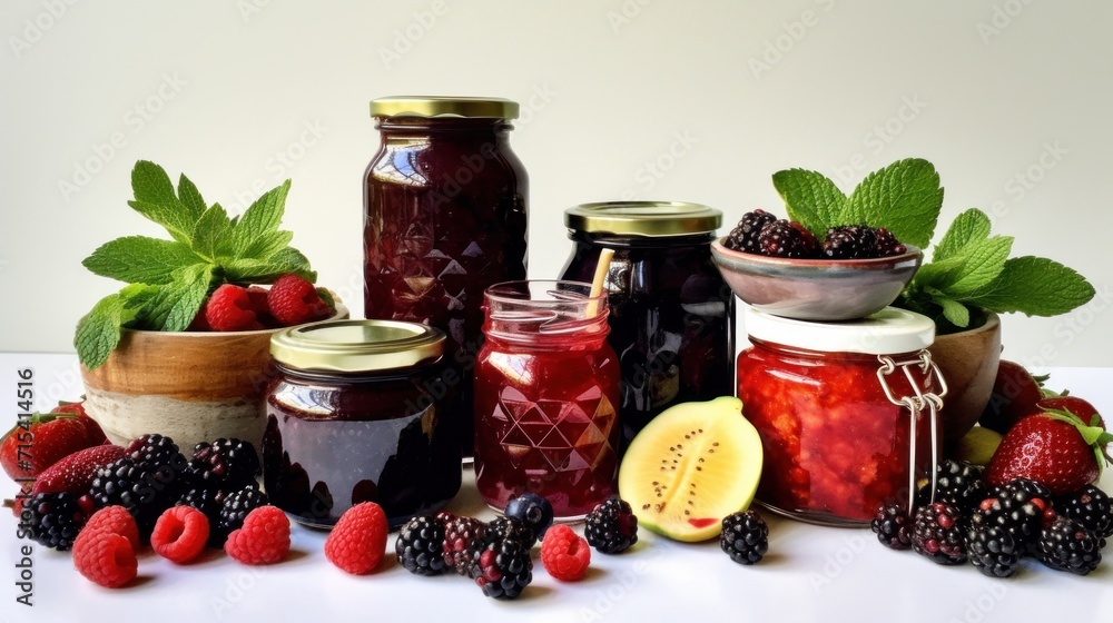 a white table topped with jars filled with jam and fruit next to a bowl of raspberries and a kiwi. a white table topped with jars filled with jam and fruit next to a bowl of raspberries and a kiwi.