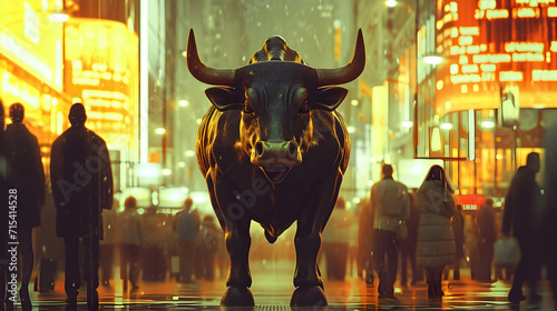Powerful Bull Standing in a City at Night