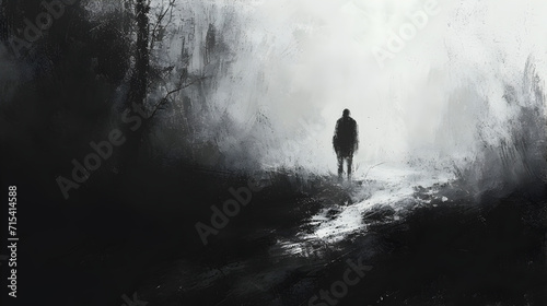 A Drawing of a Man Walking Through the Forest in Black and White