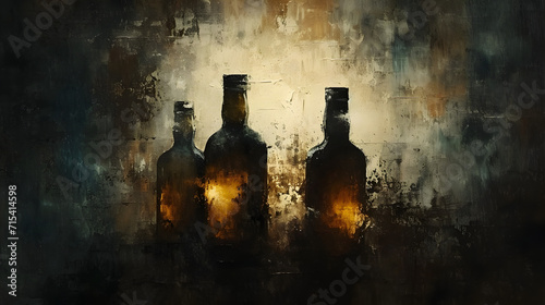 Mysterious Dark Painting of Three Bottles