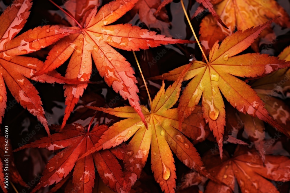 a close up of a bunch of leaves with drops of water on them in the middle of the leaves are red, yellow, and orange. a close up of a bunch of leaves with drops of water on them in the middle of the leaves are red, yellow, and orange.