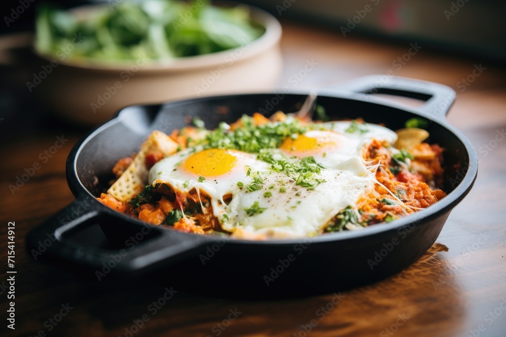 lasagna in a cast iron skillet, mozzarella on top