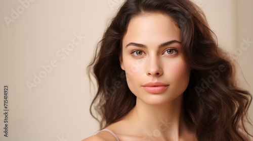 Beautiful natural brunette woman portrait on the beige background