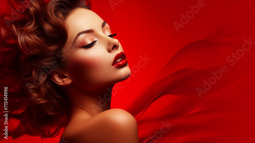 Sensual beauty woman on the red background, copy space