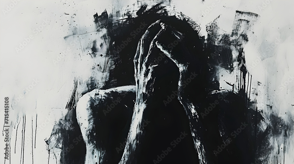 Fototapeta premium Black and White Painting of a Person in Prayer