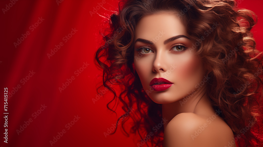 Stunning beautiful curly hair brunette woman, luxury, beauty on the red background