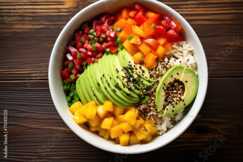  a close up of a bowl of food with avocado, mangoes, peppers, and other vegetables.