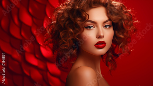Elegant woman with curly hair and red lips, red background pattern, copy space, glamorous