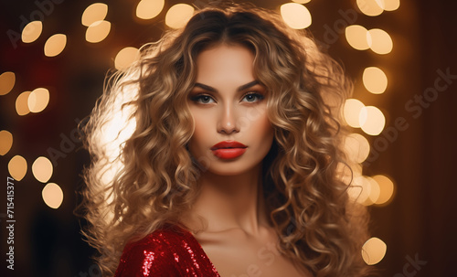 Beautiful blonde woman portrait on the gold bokeh background, red glitter dress, full red lips and curly hair