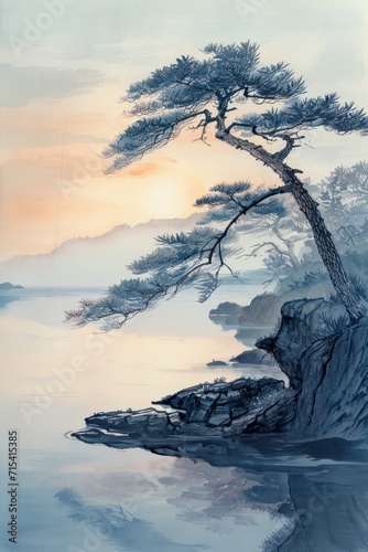Peaceful Japanese traditional riverbank painting at dawn, ideal for wall art and printing design
