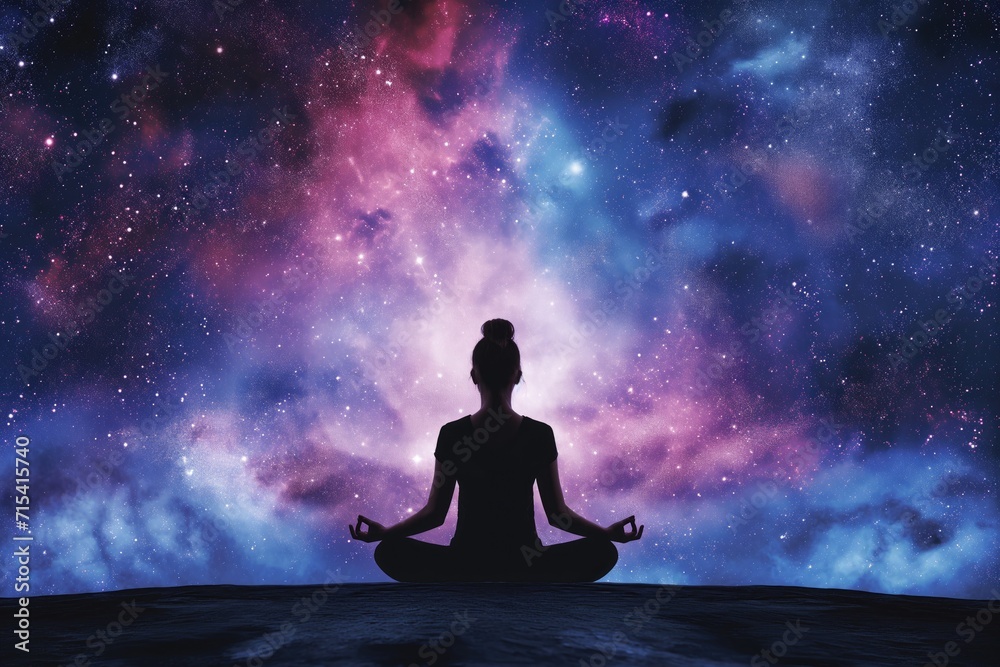 illustration. A serene woman in lotus position meditates, her form blending with a cosmic nebula backdrop, illustrating a deep connection with the universe and inner self