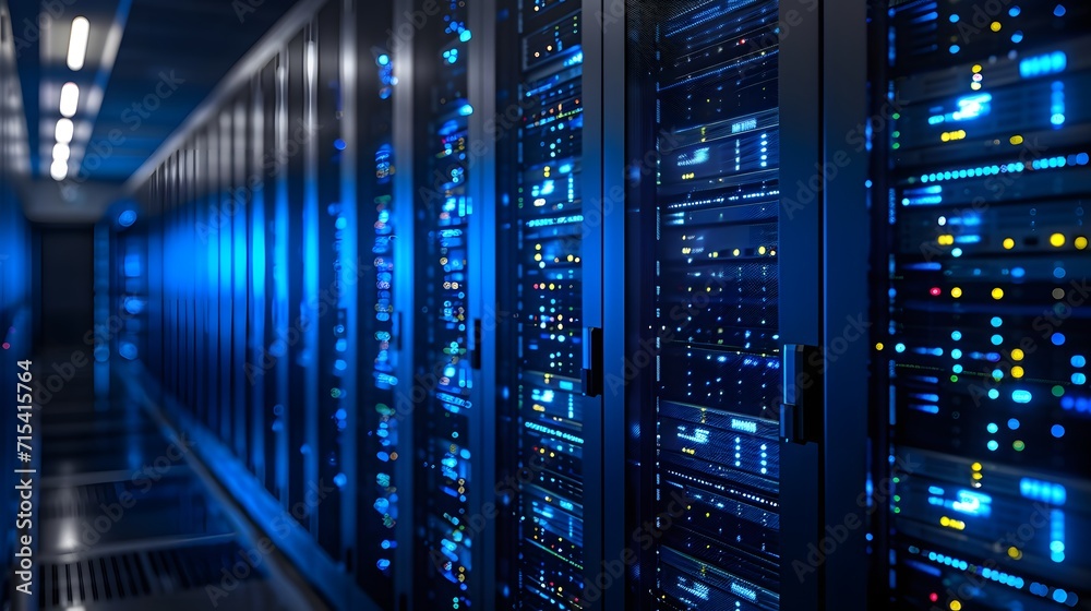 cables in a center, a detailed close-up of server racks in a state-of-the-art data center, with rows of sleek metallic servers neatly arranged