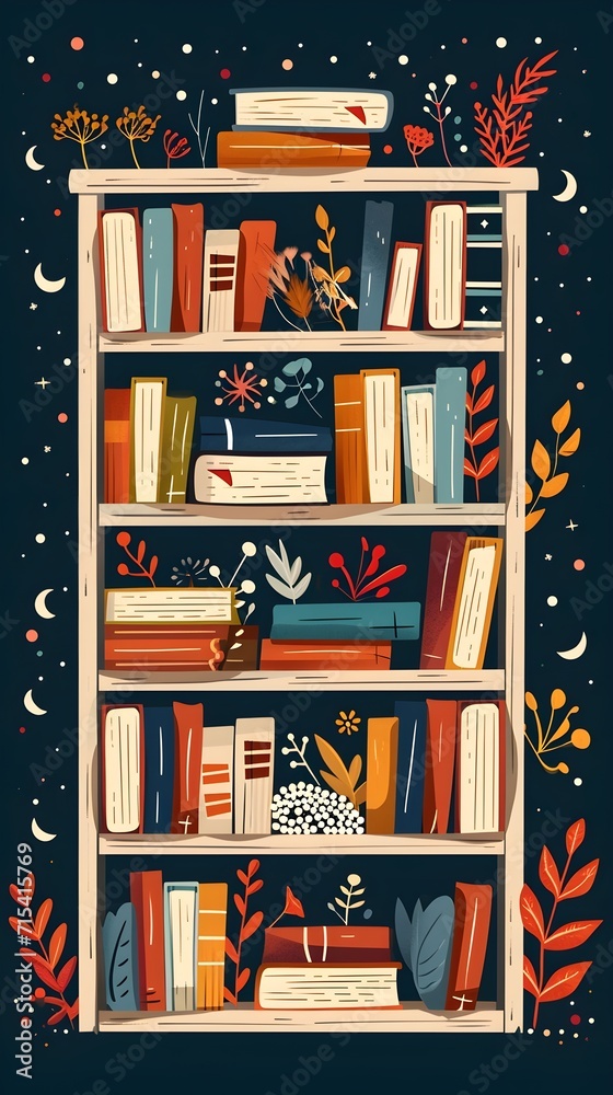 Flat Vector Design of a whimsical bookshelf filled with enchanted books, generative AI