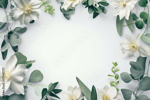 Floral spring design with white flowers, green leaves, eucaliptus and succulents. Round shape with space for text. Banner or flyer sale template, vector illustration. © ERiK