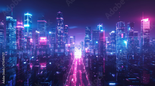 Futuristic night city. Cityscape on a colorful background with bright and glowing neon lights. 