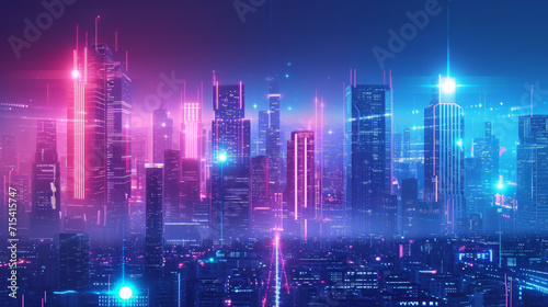 Futuristic night city. Cityscape on a colorful background with bright and glowing neon lights. © imlane