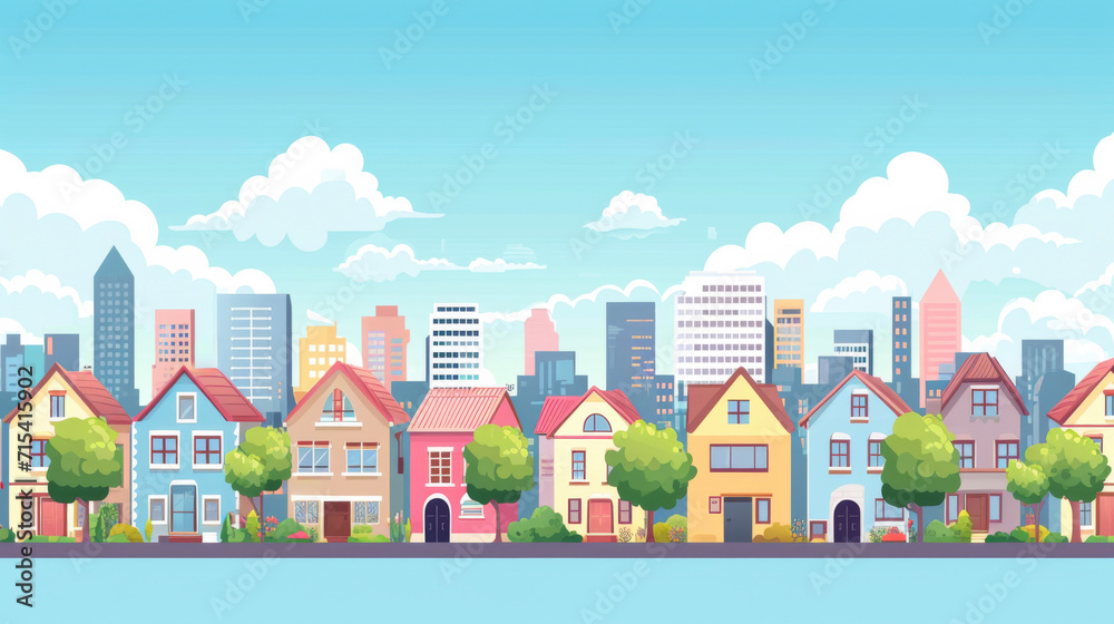 City building houses view skyline background real estate cute town concept horizontal banner flat vector illustration 