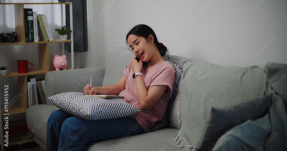 Portrait of Young woman talking mobile phone and take notes in a notebook while sitting on sofa at home office. Portrait of Young woman talking mobile phone and take notes in a notebook while sitting on sofa at home office.