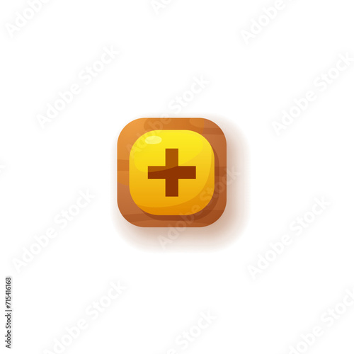 Plus glossy ui button icon, sound adding or mathematic option yellow square symbol, cartoon vector GUI game interface