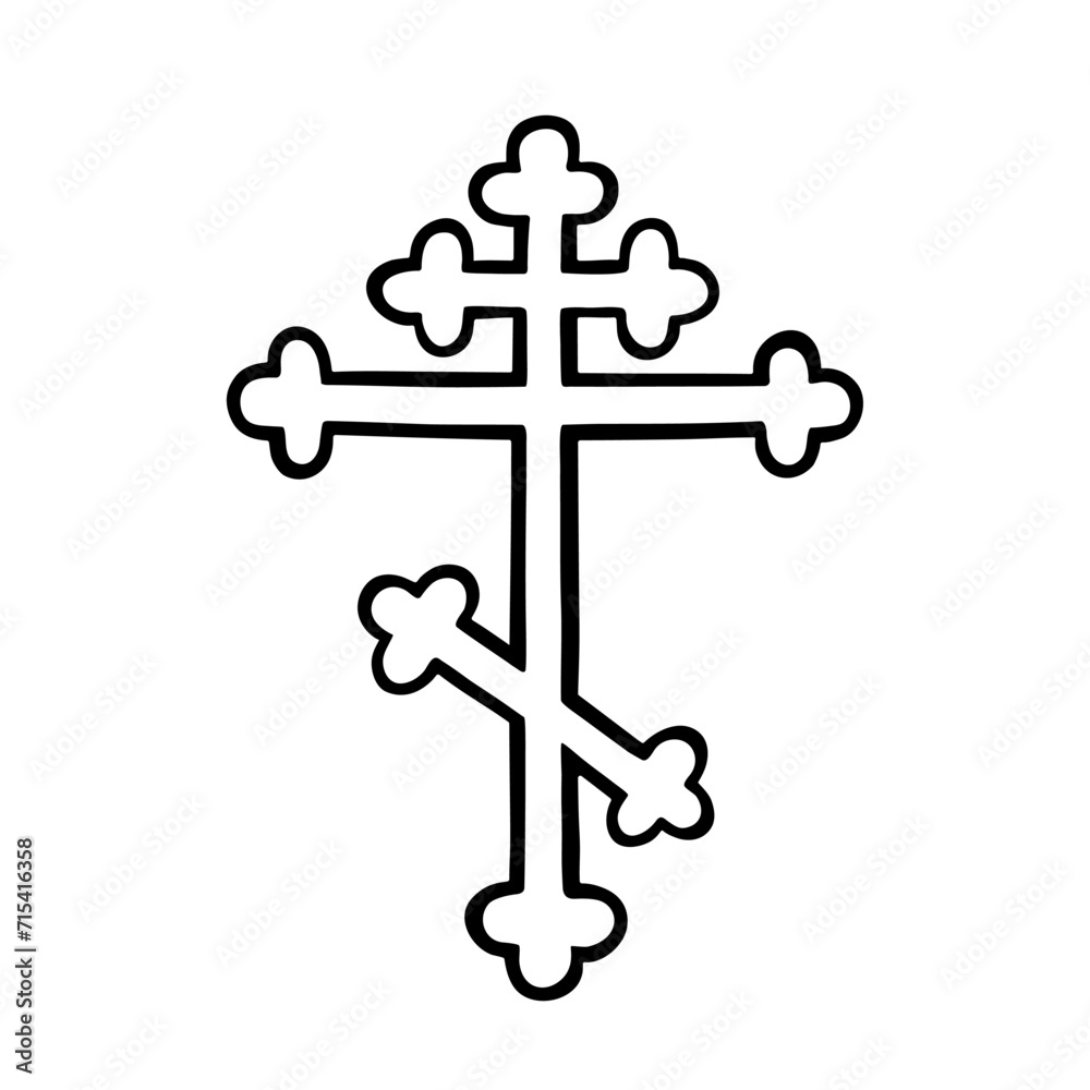 Orthodox christian eight-pointed trefoil cross isolated on white. Black line drawing sketch. Vector illustration of Orthodox religion and traditions, christian holidays design, print.