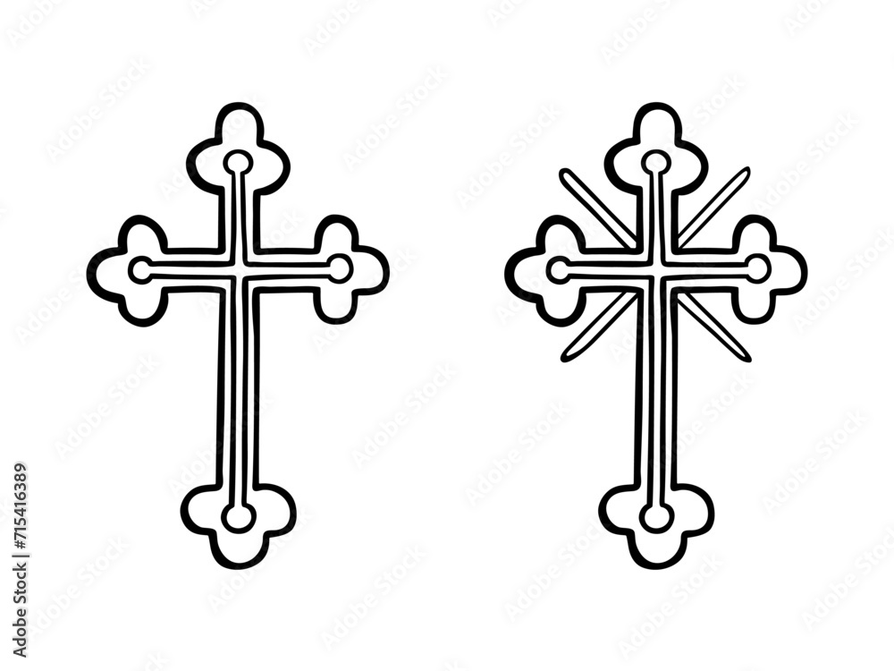 Orthodox christian trefoil cross isolated on white. Black line drawing sketch, church crucifix with rays. Vector illustration of Orthodox religion and traditions, christian holidays design, print.