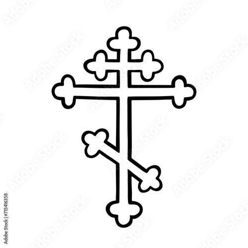 Orthodox christian eight-pointed trefoil cross isolated on white. Black line drawing sketch. Vector illustration of Orthodox religion and traditions, christian holidays design, print.
