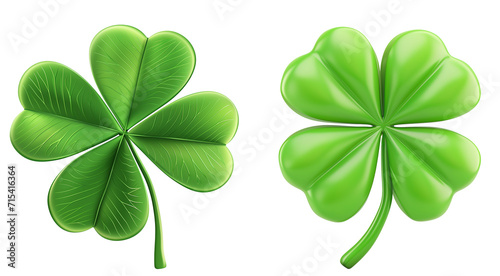 Two illustrated 3D four-leaf clovers on a transparent background, symbolizing luck and St Patrick's Day photo