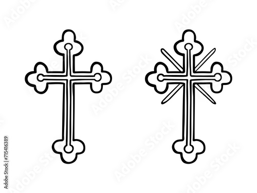 Orthodox christian trefoil cross isolated on white. Black line drawing sketch, church crucifix with rays. Vector illustration of Orthodox religion and traditions, christian holidays design, print.