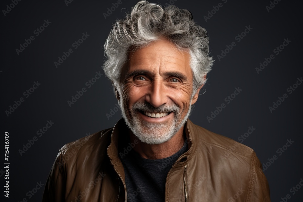 Portrait of a happy senior man with grey hair and beard in a leather jacket. Portrait of a happy senior man with grey hair and beard in a leather jacket.