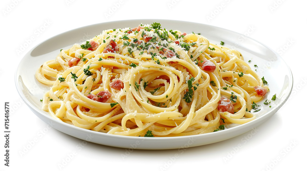 Pasta carbonara, with empty copy space, food advertising, professional food photography, on isolated white background Pasta carbonara, with empty copy space, food advertising, professional food photography, on isolated white background