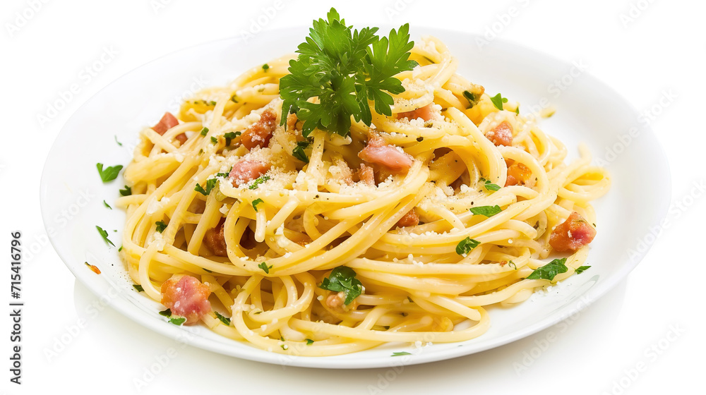 Pasta carbonara, with empty copy space, food advertising, professional food photography, on isolated white background Pasta carbonara, with empty copy space, food advertising, professional food photography, on isolated white background