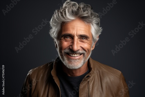 Portrait of a happy senior man with grey hair and beard in a leather jacket.