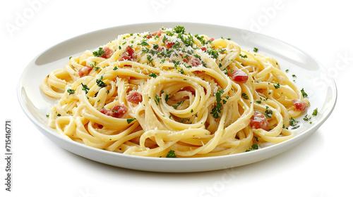 Pasta carbonara, with empty copy space, food advertising, professional food photography, on isolated white background