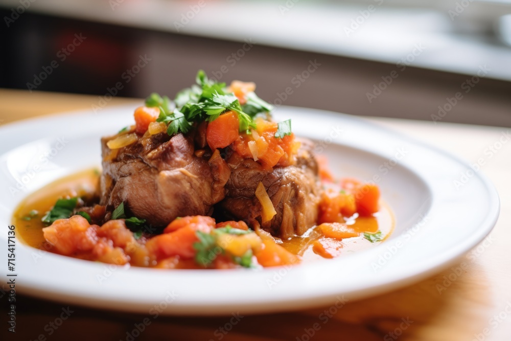 close view of osso buco with tomato chunks visible close view of osso buco with tomato chunks visible