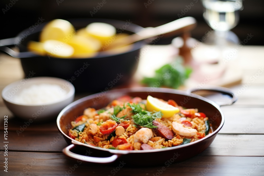 paella with chicken and chorizo on a rustic wood table