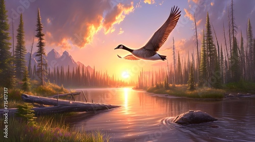 Golden goose on white background, wild goose,