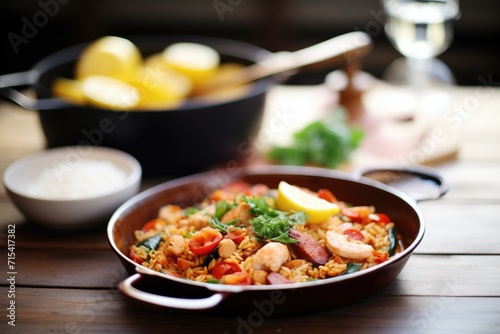 paella with chicken and chorizo on a rustic wood table