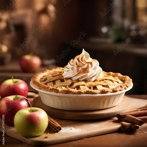 Apple pie with whipped cream and cinnamon on a wooden table. Selective focus.