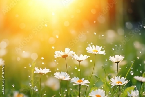 a field full of white daisies with the sun shining through the trees in the background and water droplets on the grass.