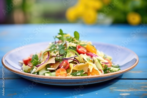 pasta salad with italian dressing drizzle, served on a blue plate