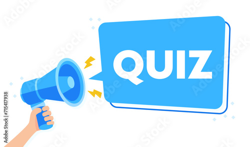 Hand holding a megaphone projecting the word QUIZ in a speech bubble against a white background, symbolizing online engagement and learning